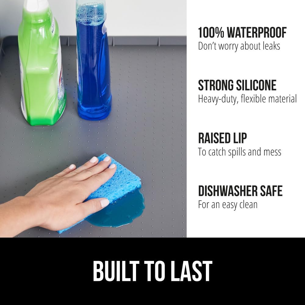 GORILLA GRIP Waterproof Silicone Under Sink Mat with Raised Lip for Kitchen and Bathroom, Cabinet Shelf Liner Stay in Place Mats Dishwasher Safe Drawer Liner, Organizer Tray, 19 x 22 in, Gray