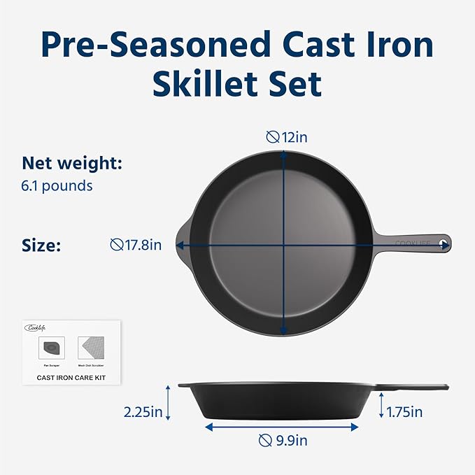 COOKLIFE 12 Inch Lightweight Pre-Seasoned Cast Iron Skillets - Smooth Polished Surface, Easy to Clean Cast Iron Pan Use in the Oven, on the Stove or Grill, Over a Campfire