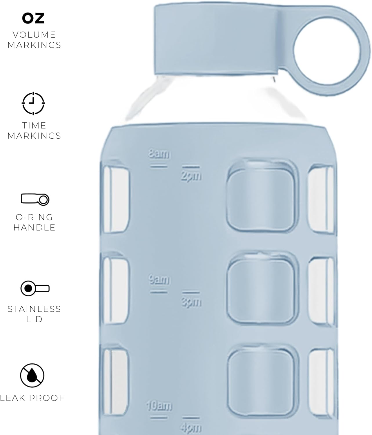 purifyou 40oz / 32oz / 22oz / 12oz Borosilicate Glass Water Bottle with Time & Volume Markers, Silicone Sleeve, Stainless Steel Lid – Reusable Glass Bottle for Water & Juice (32oz Ice Blue)