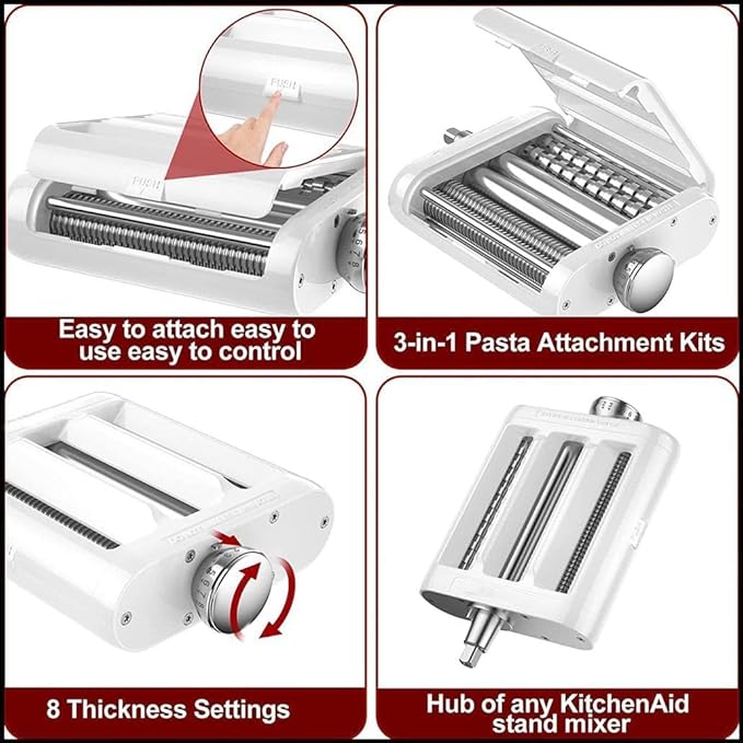 Pasta Maker Accessories Mixers 3 in 1 Set for KitchenAid Stand Mixer Attachments Include Pasta Roller, Spaghetti,Fettuccine Cutter, 8 Adjustable Thickness Settings，Pasta Maker Attachment