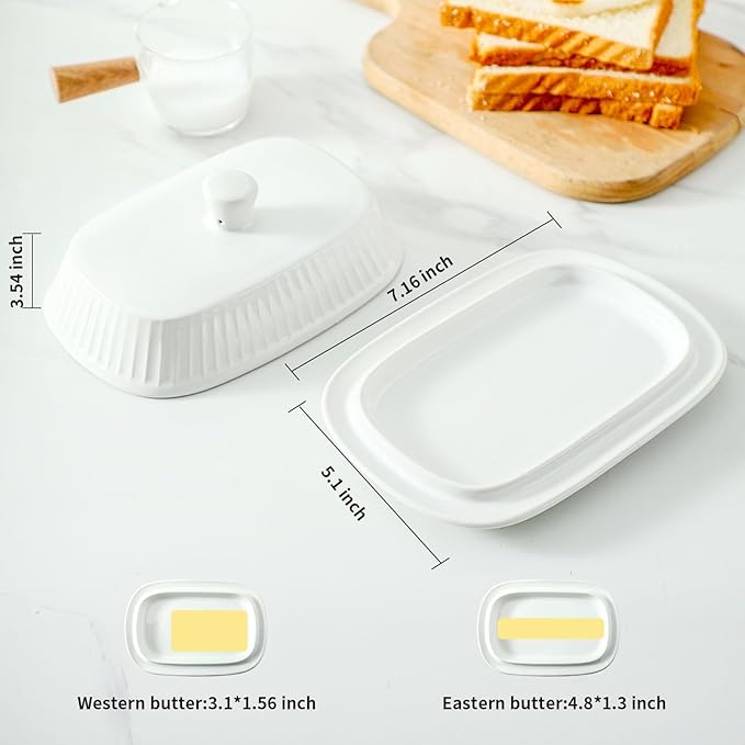 Hansense Porcelain Butter Dish with Lid for Countertop, Ceramic Butter Keeper with Handle Cover, Butter Holder Container Perfect for East and West Coast Butter, Dishwahser Safe, White