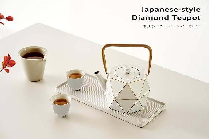 Toptier Cast Iron Teapot, Stovetop Safe Japanese Cast Iron Tea Kettle, Diamond Design Tea Pot with Removable Infuser for Loose Tea, 30 Ounce (900 ml), White