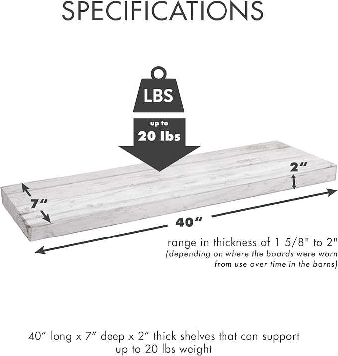 Urban Legacy Reclaimed Barnwood Planks | Floating Shelves for Wall w/Flush Mount Shelf Bracket Set Included | Set of 2 (White Wash, 40"x7"x 2")