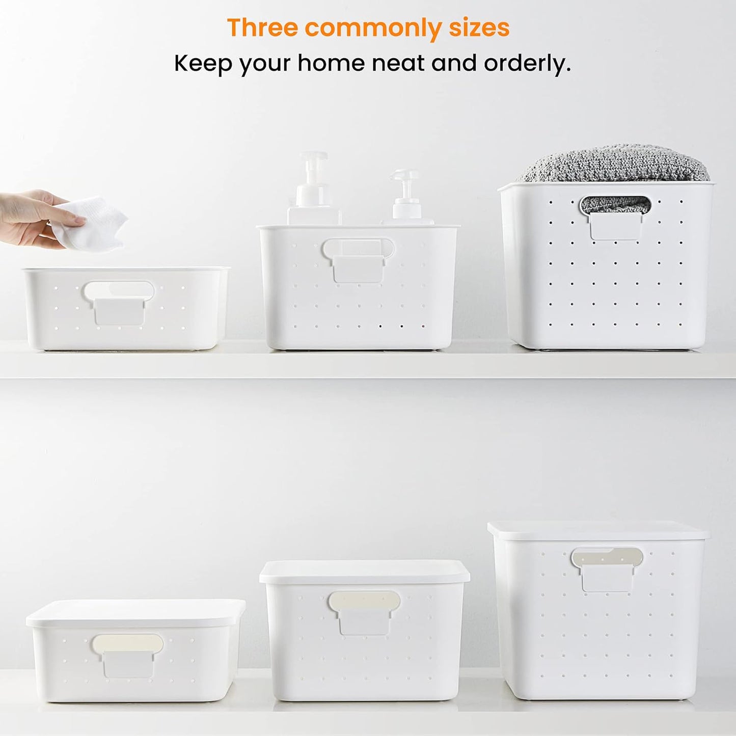 vacane 3 Pack Decorative Storage Bins with Lids, White Plastic Storage Basket for Organizing Stackable Storage Box with Handle on Closets,Classrooms,Offices
