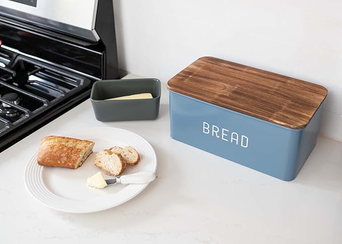 Nat & Jules Matte Blue 12 x 7 Metal Enamel Rubber Wood Lidded Bread Box