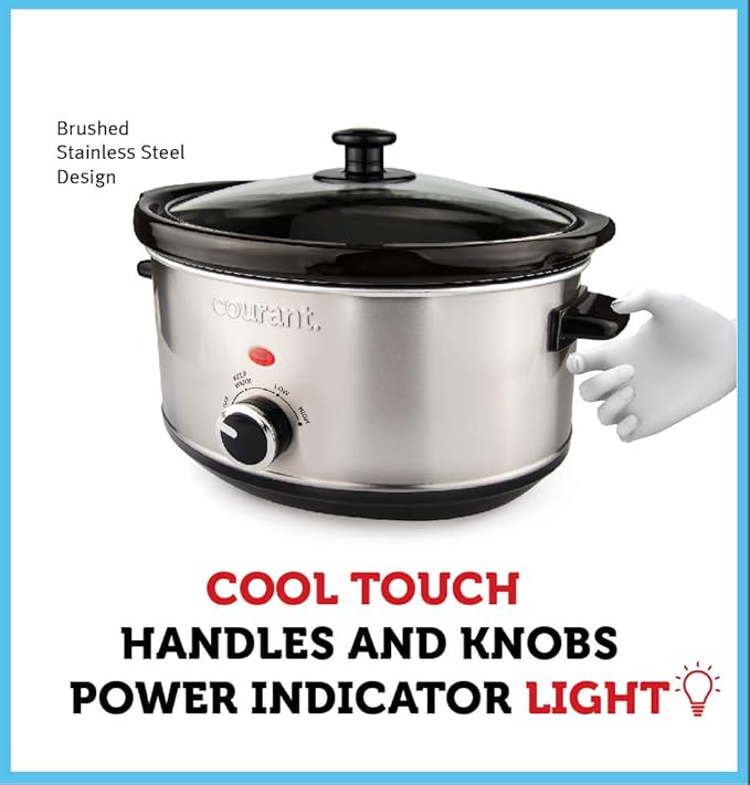 Courant Oval Slow Cooker Crock, with Easy Options 3.5 Quart Dishwasher Safe Pot, Stainless Steel