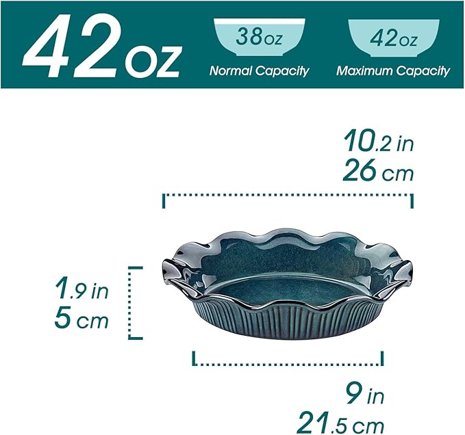 vancasso Stern Ceramic Pie Pan, 9 inch Pie Pans with Ruffled Edge, Deep Pie Dishes for Baking, Round Pie Plates for Apple, Quiche, Pot Pies, Tart, Oven & Dishwasher Safe, Set of 2, Green