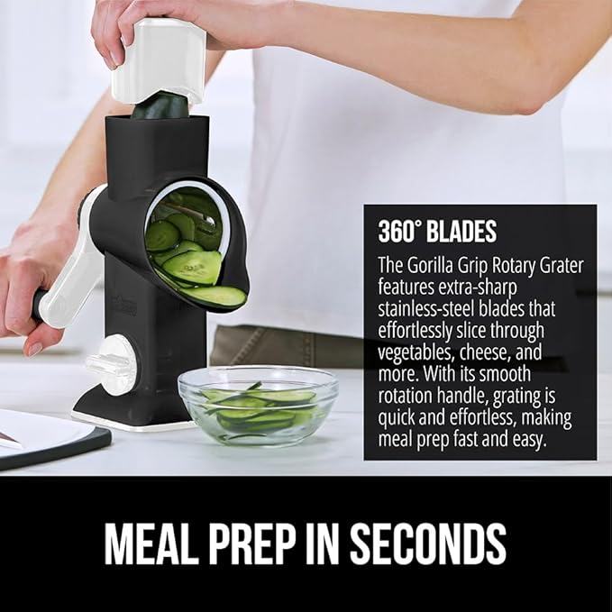GORILLA GRIP BPA-Free Rotary Cheese Grater Hand Crank, Easy to Set Up, Strong Suction Base for Kitchen Countertop, Shred Potato, Vegetable, Nuts in Seconds, Round Mandoline Slicer, 3 Blades, Black