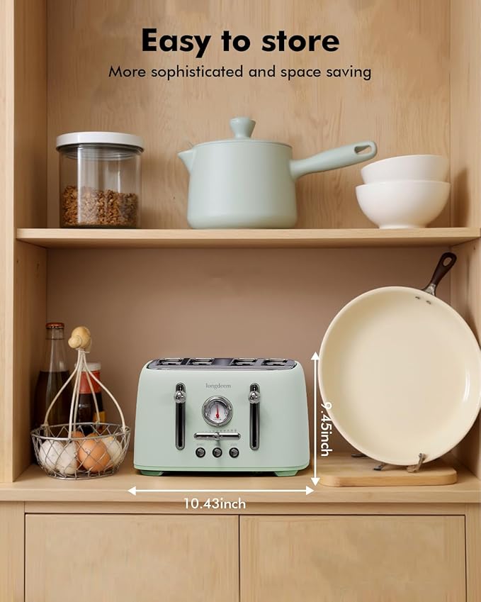 Retro 4-Slice Toaster 1.6" Wide Slots - 6 Toast Settings with Bagel Function, Stainless Steel Body, Defrost/Cancel Button & Crumb Tray, Vintage Green