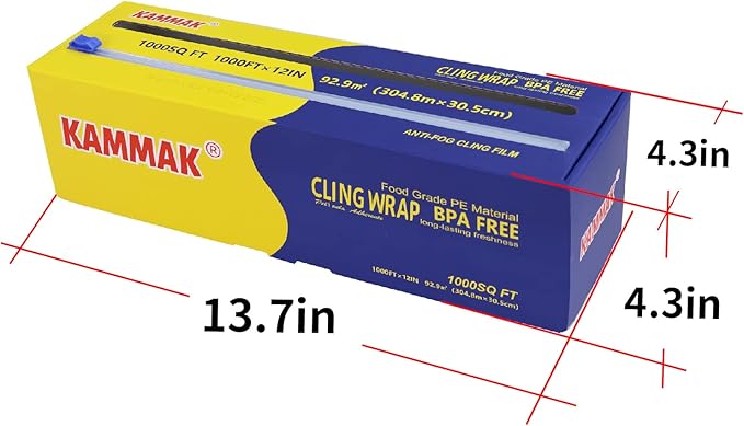 KAMMAK Plastic Wrap with Slide Cutter - 12 Inch Food Service Cling Film Roll - Clear Refillable Stretch Film - 1000 SQ FT Wrap - Bulk Quick Cut for Restaurant, Kitchen