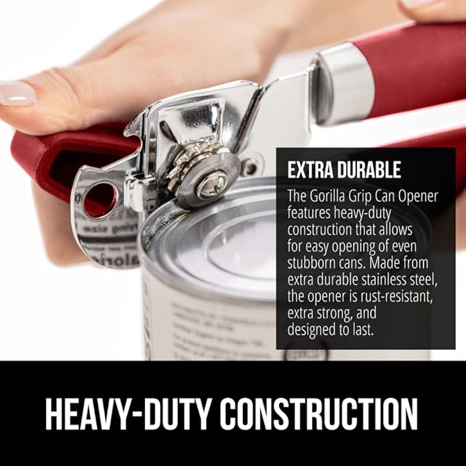 GORILLA GRIP Heavy Duty Stainless Steel Smooth Edge Manual Can Opener and Bottle Openers, Soft Comfortable Handle, Oversized Handheld Turn Knob, US Designed Multifunctional Kitchen Tool, Red