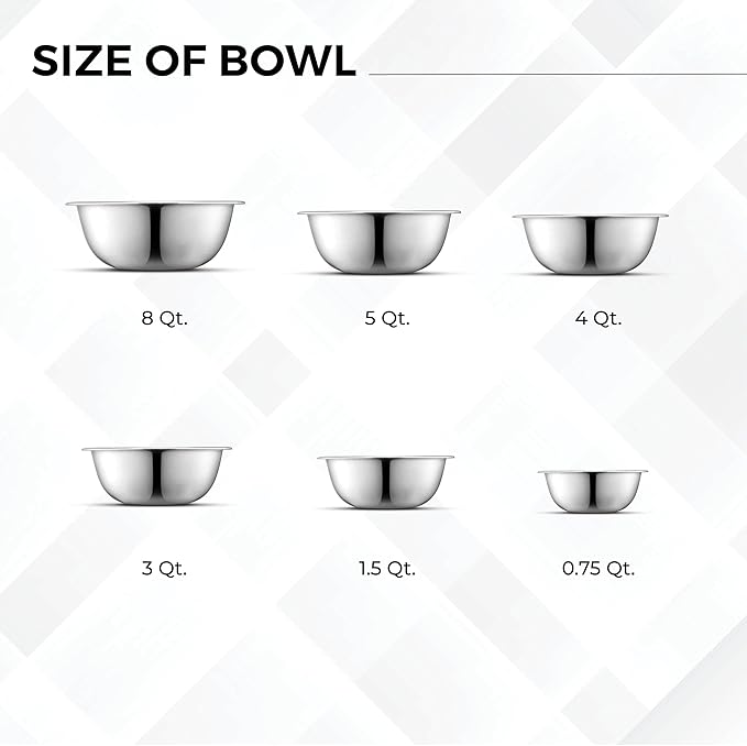 AVADOR Set of 6 Premium Stainless Steel Mixing Bowls Set, Easy To Clean, Space Saving Nestable Design, Great for Cooking, Baking, Prepping (0.75qt, 1.5qt, 3qt, 4qt, 5qt, 8qt)