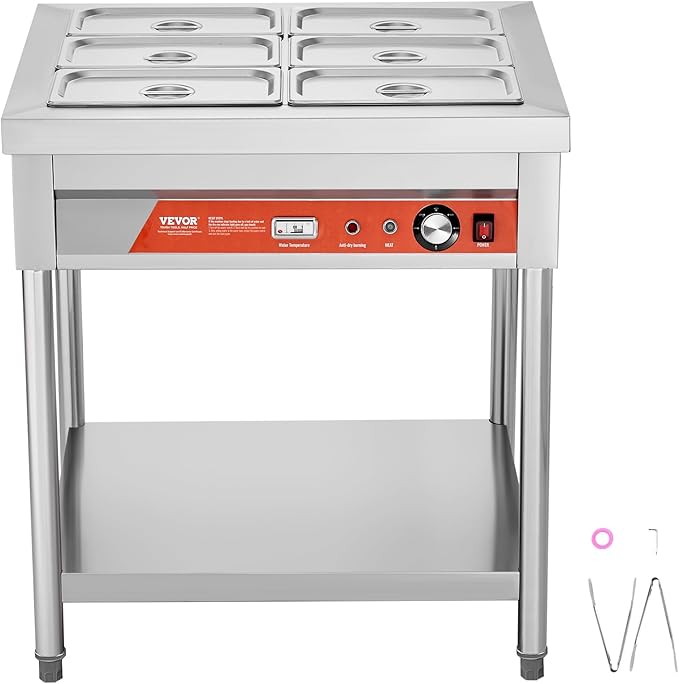 VEVOR 6-Pan Commercial Food Warmer, 6 x 1/3 Pans Electric Steam Table, 1500W Professional Buffet Catering Food Warmer with Undershelf, Stainless Steel Server for Restaurant Party Hotel