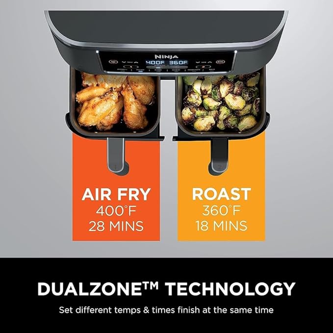 Ninja DZ201 Foodi 8 Quart 6-in-1 DualZone 2-Basket Air Fryer with 2 Independent Frying Baskets, Match Cook & Smart Finish to Roast, Broil, Dehydrate & More for Quick, Easy Meals, Grey