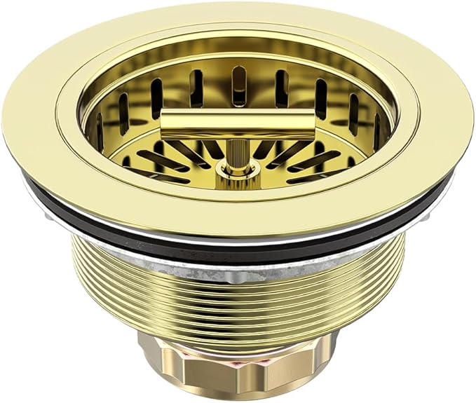 KONE 3-1/2 Inch Kitchen Sink Drain Assembly Stainless Steel Gold Kit with Strainer Basket/Rubber Stopper, Rustproof Durable Gold Finish Replacement for Standard Commercial Sink Drains