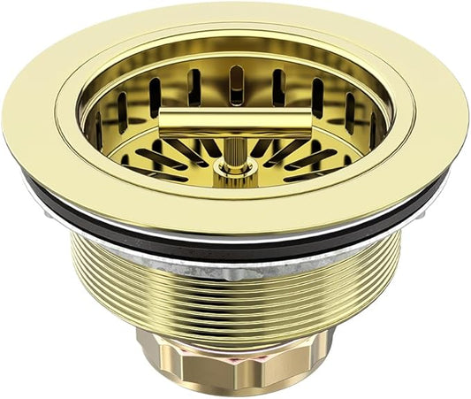 KONE 3-1/2 Inch Kitchen Sink Drain Assembly Stainless Steel Gold Kit with Strainer Basket/Rubber Stopper, Rustproof Durable Gold Finish Replacement for Standard Commercial Sink Drains