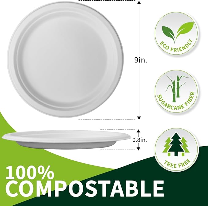 9 Inch Compostable Paper Plates 【White150 Pack】,100% Sugarcane Bagasse Medium Disposable Plates, Sturdy Heavy Duty, Biodegradable Dinnerware for Party, BBQ, Picnic, Camping