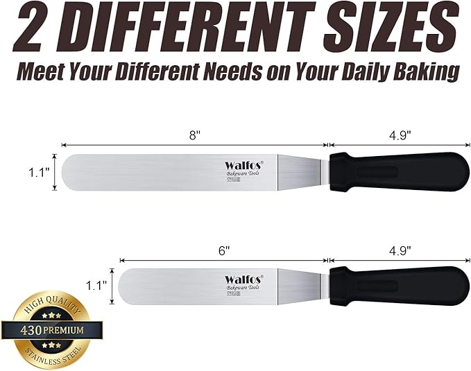 Walfos Icing Spatulas, Stainless Steel Cake Spatula with Sturdy and Durable Handle Cake Decorating Spatula Set of 2 - Multi purpose Use for Home, Kitchen or Bakery (6” & 8”)