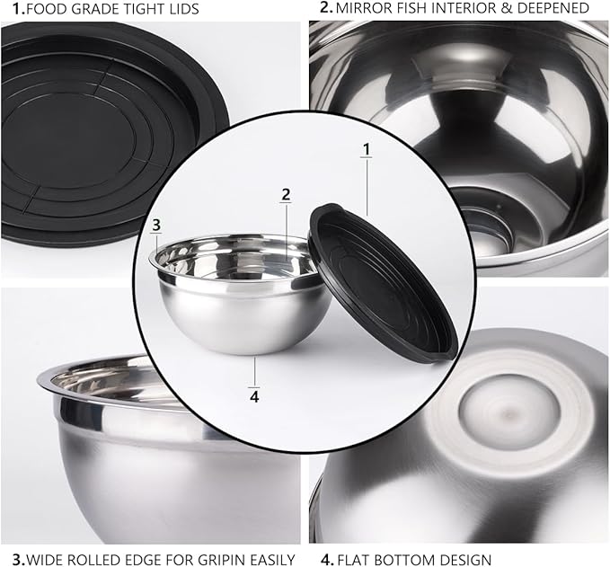 Mixing Bowls with Lids set - 25 PCS Stainless Steel Nesting Black Mixing Bowls Set for Baking, Mixing, Serving & Prepping, Size 5, 3.7, 2.8, 2.3, 1.7, 1.1, 0.7QT, 11 Cooking Utensils
