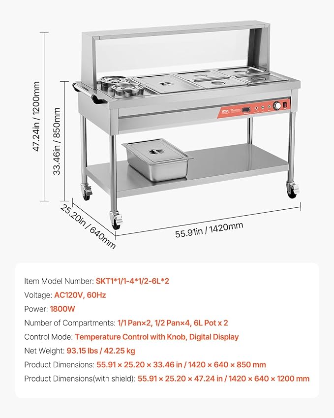 VEVOR Commercial Food Warmer, 5 Pans + 2 Pots Electric Steam Table, 1800W Professional Buffet Catering Food Warmer with Shield Undershelf Wheels, Stainless Steel Server for Party Restaurant Hotel