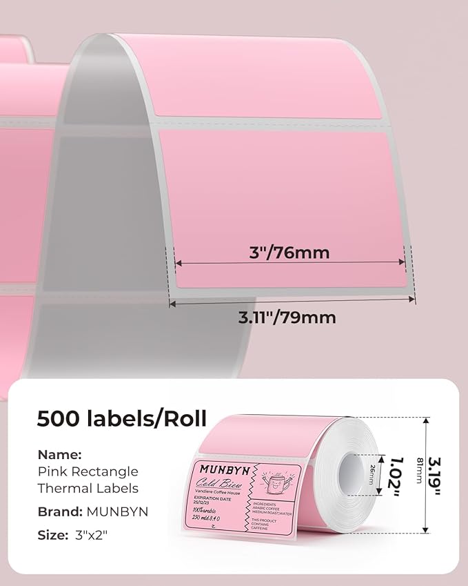 MUNBYN 3x2 Inch Pink Thermal Labels, Thermal Sticker Labels for Price, Barcode, Mailing, Name, 500 Sheets/1 Roll