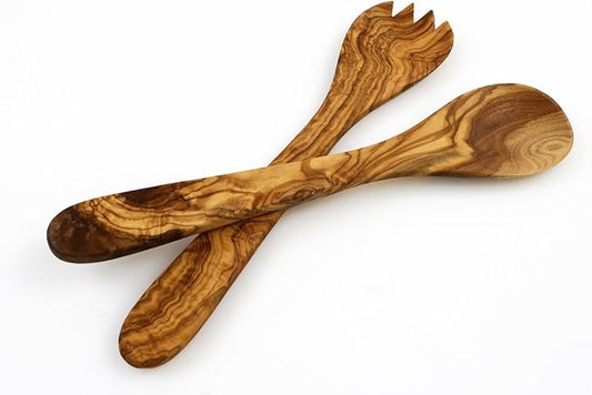Tramanto Olive Wood Salad Server Set - 12 Inch Wooden Tongs - Rustic French Style