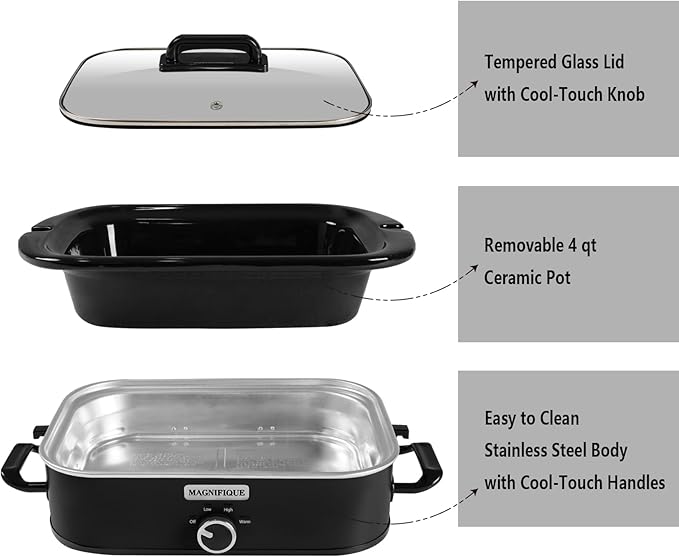 4-Quart Slow Cooker with Casserole Manual Warm Setting - Perfect Kitchen Small Appliance for Family Dinners, Dishwasher Safe Crock, Black