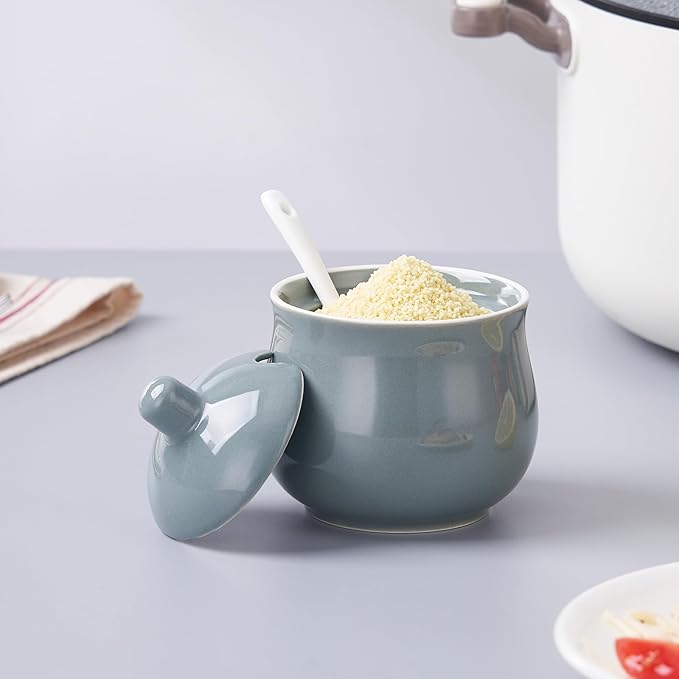 Ceramic Sugar Bowl with Lid and Spoon, Grey Porcelain Sugar Salt Pepper Storage Jar, 8 Ounces