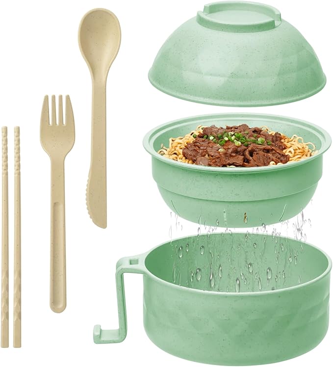 Ramen Cooker,32oz Ramen Bowl Set,Microwave Ramen Bowl, Microwave Bowl with Lid, Portable Noodle Bowls,for Home Office Dorm Room College gift (Green)