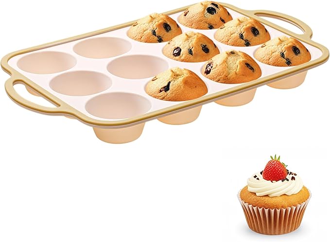 Silicone Muffin Pans for Baking 1 Pack, 2.6 Inch with Metal Reinforced Frame, Regular Size Nonstick Cupcake Pan 12 Cups for Baking Homemade Muffins, Dishwasher Safe BPA Free-Light Yellow