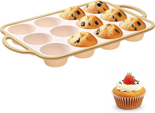 Silicone Muffin Pans for Baking 1 Pack, 2.6 Inch with Metal Reinforced Frame, Regular Size Nonstick Cupcake Pan 12 Cups for Baking Homemade Muffins, Dishwasher Safe BPA Free-Light Yellow