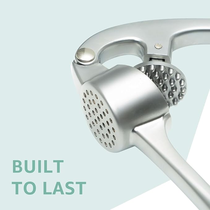 GD Garlic Press Crusher Mincer Tool - Dishwasher Safe & Rust Proof, Easy-Squeeze Garlic Smasher with Ergonomic Handle, Includes Silicone Garlic Peeler & Brush (Silver)