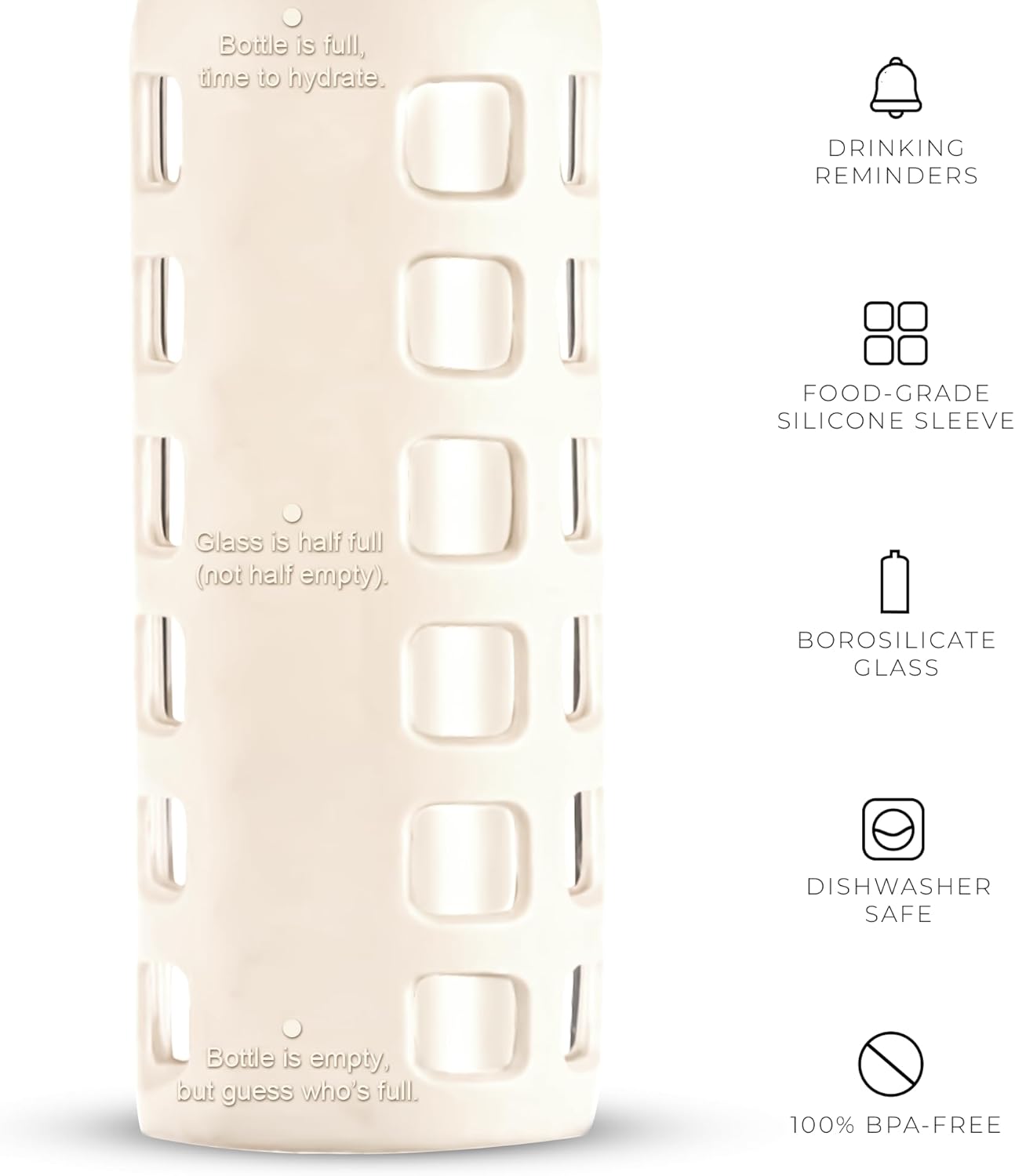 purifyou 40oz / 32oz / 22oz / 12oz Borosilicate Glass Water Bottle with Time & Volume Markers, Silicone Sleeve, Stainless Steel Lid – Reusable Glass Bottle for Water & Juice (12oz Pearled Ivory)