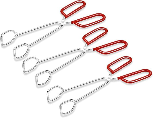 10-Inch Heavy Duty Stainless Steel Kitchen Tongs - Non-Slip Comfortable Red Grip, Scissor Design, Heat Resistant for BBQ and Cooking, Set of 3
