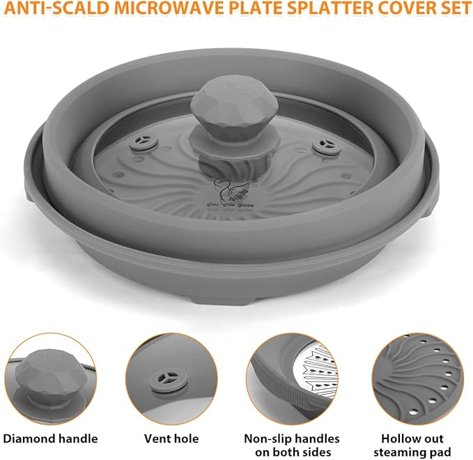 Microwave Splatter Silicone Cover Collapsible, Vented Multifunction Splash Lid with Glass Dish Bowl Plate for Food Cooking Bacon Maker, Dishwasher Safe BPA-Free 9 inch Cookware Set Grey