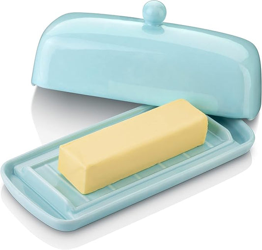 Nucookery Ceramic Butter Dish with Lid | Raised Legs and Non-Slip Strip Design | Porcelain Health | Dishwasher Safe, Lake Blue