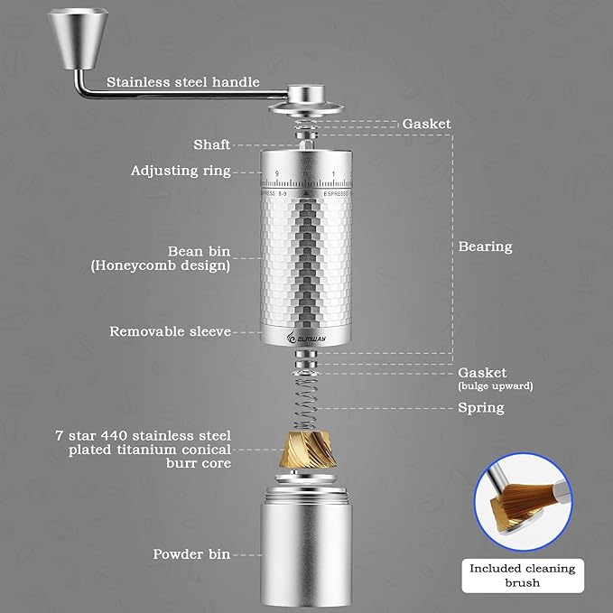 Manual Coffee Grinder, Hand Coffee Grinder, Capacity 25g with Seven star titanium plated 440 Stainless Steel Conical Burr Portable Coffee Grinders for Home Use, Office, Travel（AVOID grind 0-3 range）