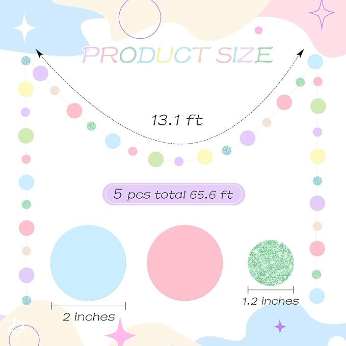 Outus 5 Pieces Colorful Dots Paper Garland Round Glitter Garland Hanging Confetti Streamers Backdrop Decoration for Birthday Classroom Candy Sprinkles Trunk or Treat Party (Pastel)
