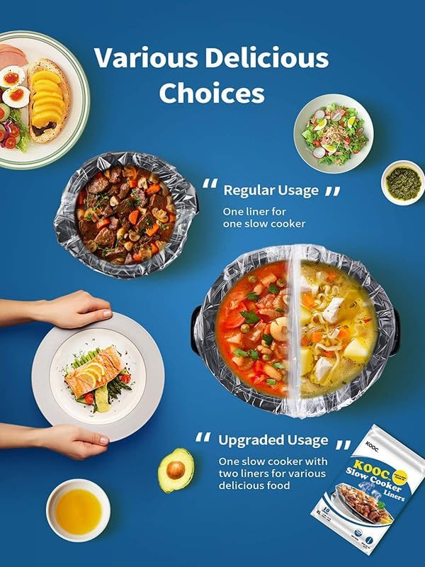 KOOC Slow Cooker Liners 14"x22" 10 Count Extra Large Size Disposable Pot Liners Christmas Cooking Bags Fit 6 qt to 10 qt Pot BPA Free Fresh Locking Seal Design