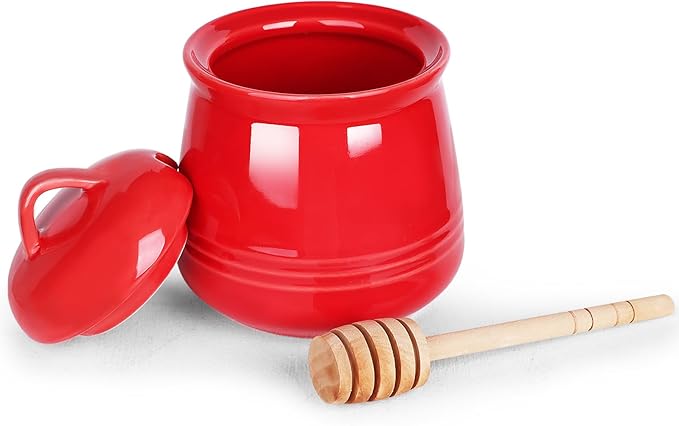 HAOTOP Ceramic Honey pot with Lid and Honey Dipper,Porcelain Honey Jar Easy to Clean and Dishwasher Safe,12oz (Red)