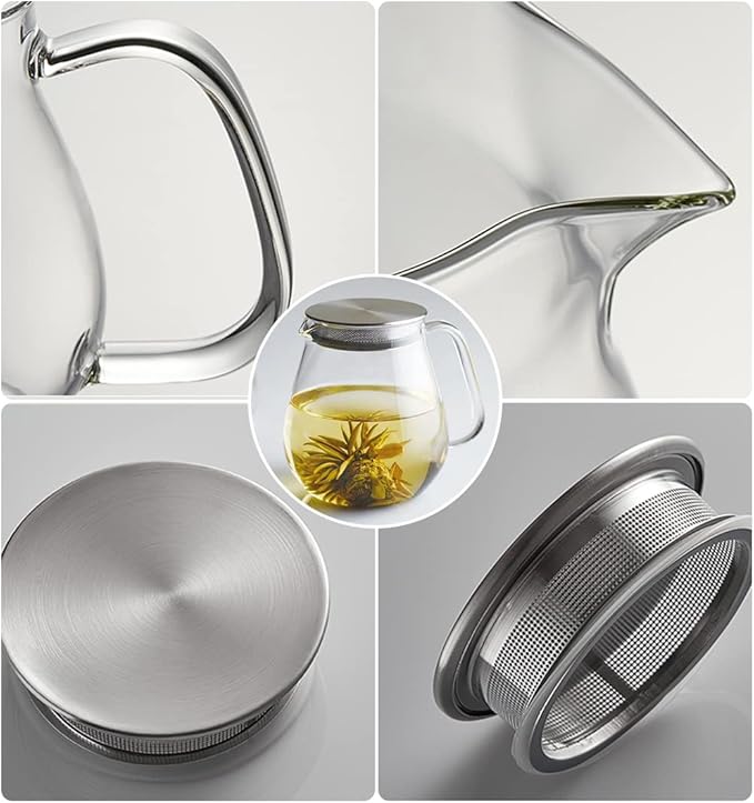 IwaiLoft Glass Teapot with Removable Stainless Steel Filter Lid Stovetop & Microwave Safe Borosilicate Glass Kettle for Loose Leaf, Blooming Tea And Coffee Sharing (24OZ)