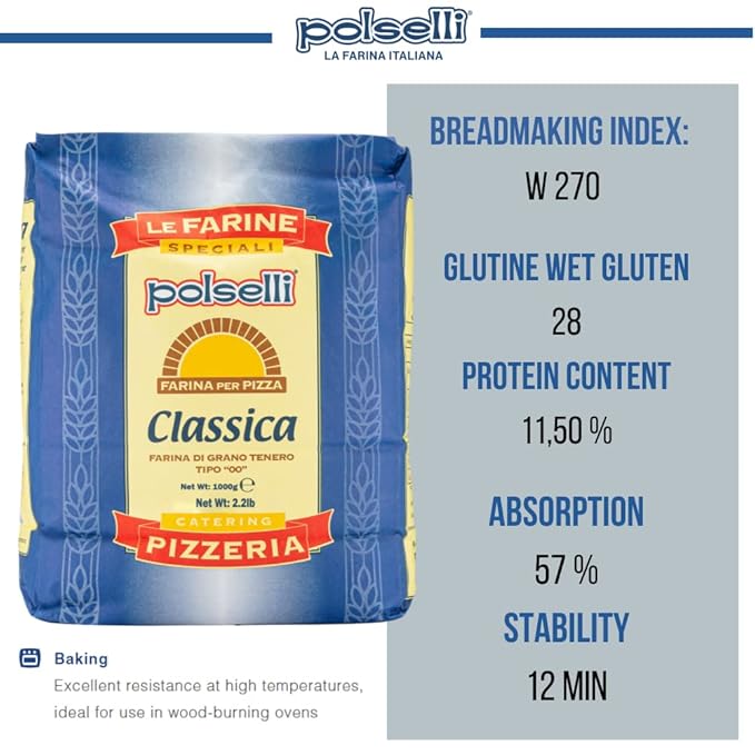 POLSELLI Classica, Tipo "00" Double Zero Flour Extra Fine, 11 lbs (5 kg), Neapolitan Italian Pizza, Bread, Pasta, and more, All Natural, Unbleached, Unbromated, No Additives