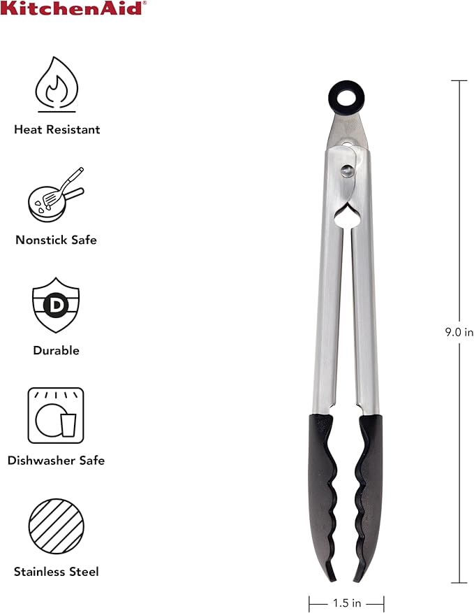 KitchenAid Silicone Tipped Stainless Steel Tongs, 9 Inch, Black