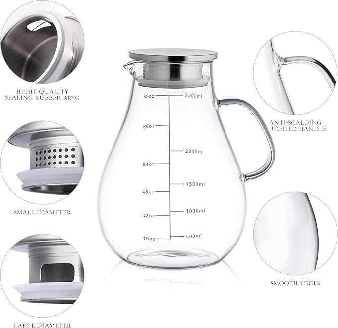 Glass Pitcher with Lid,88 Ounces -2500ml with Precise Scale Line, Hot/Cold Water Jug, Juice and Iced Tea Beverage Carafe with Lid