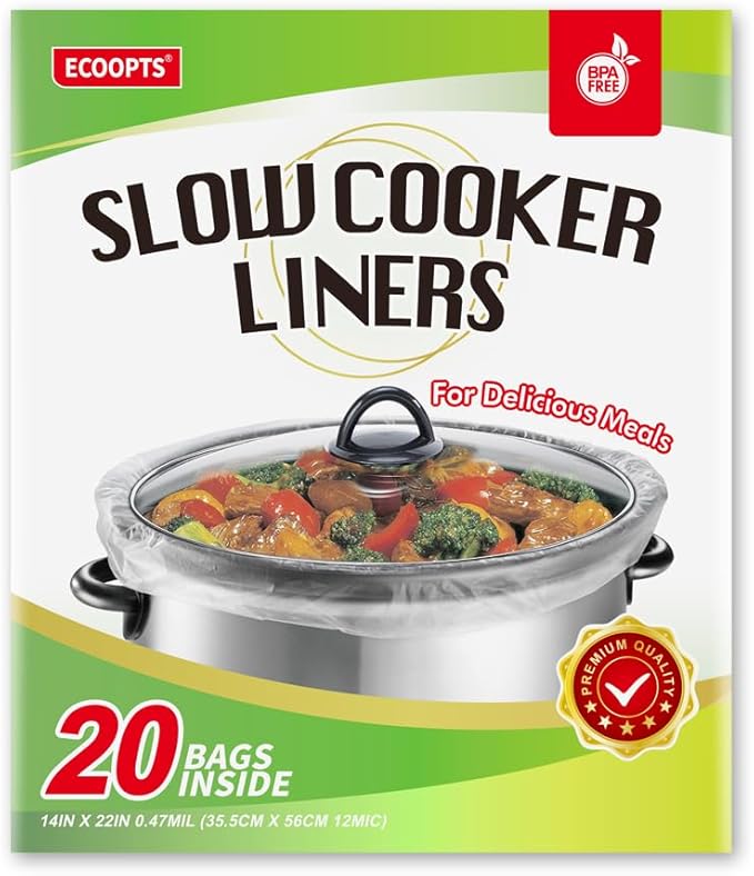 20 Count Disposable Slow Cooker Liners and Cooking Bags | Extra Large Size Fits 6-10QT Pot, 14"x 22" | Suitable for Oval & Round Pot, BPA Free (1 Pack)