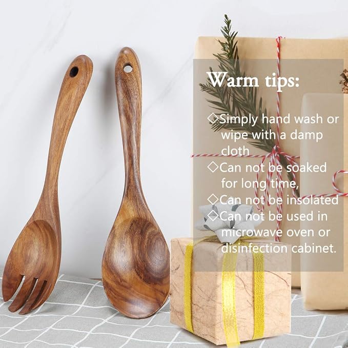 KALINCO Wooden Acacia Salad Servers with Salad Spoon and Fork Set Cooking Utensils for Kitchen (Natural Handmade Cookware) (salad servers)