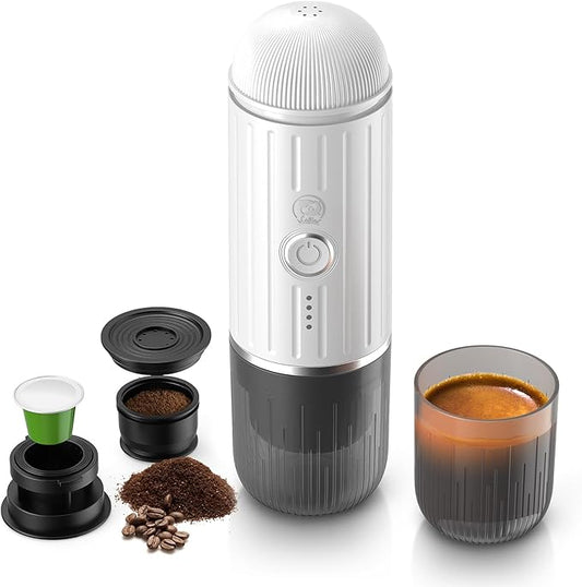 Rich Crema Portable Electric Espresso Coffee Maker, Fast self-heating 2 IN 1 Extraction System Espresso Machine, Support Ground Coffee and NS capsule, for Travel、Car、Hiking、Climbing（White）