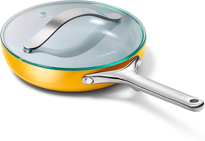 Caraway Nonstick Ceramic Mini Fry Pan With Glass Lid (1.05 qt, 8") - Non Toxic, PTFE & PFOA Free - Oven Safe & Compatible with All Stovetops (Gas, Electric & Induction) - Marigold