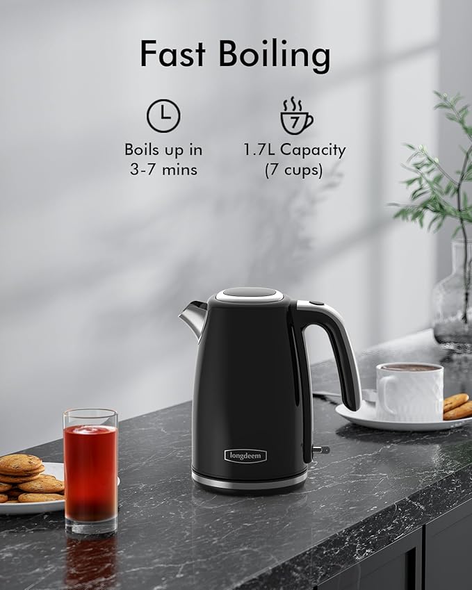 Electric Kettles 1500W for Boiling Water, Longdeem Retro 1.7L Stainless Steel Hot Water Boiler with Automatic Shut Off & Boil Dry Protection, Black