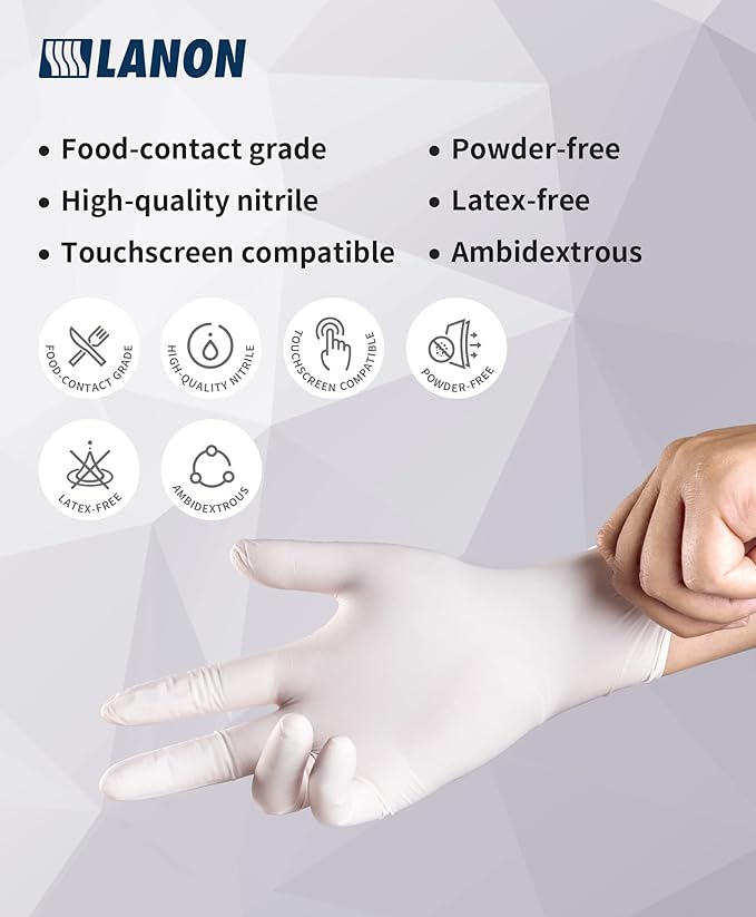 LANON Food Safe White Disposable Nitrile Gloves, Latex-Free, Powder-Free, Textured Fingertips, Cooking, Cleaning, Medium